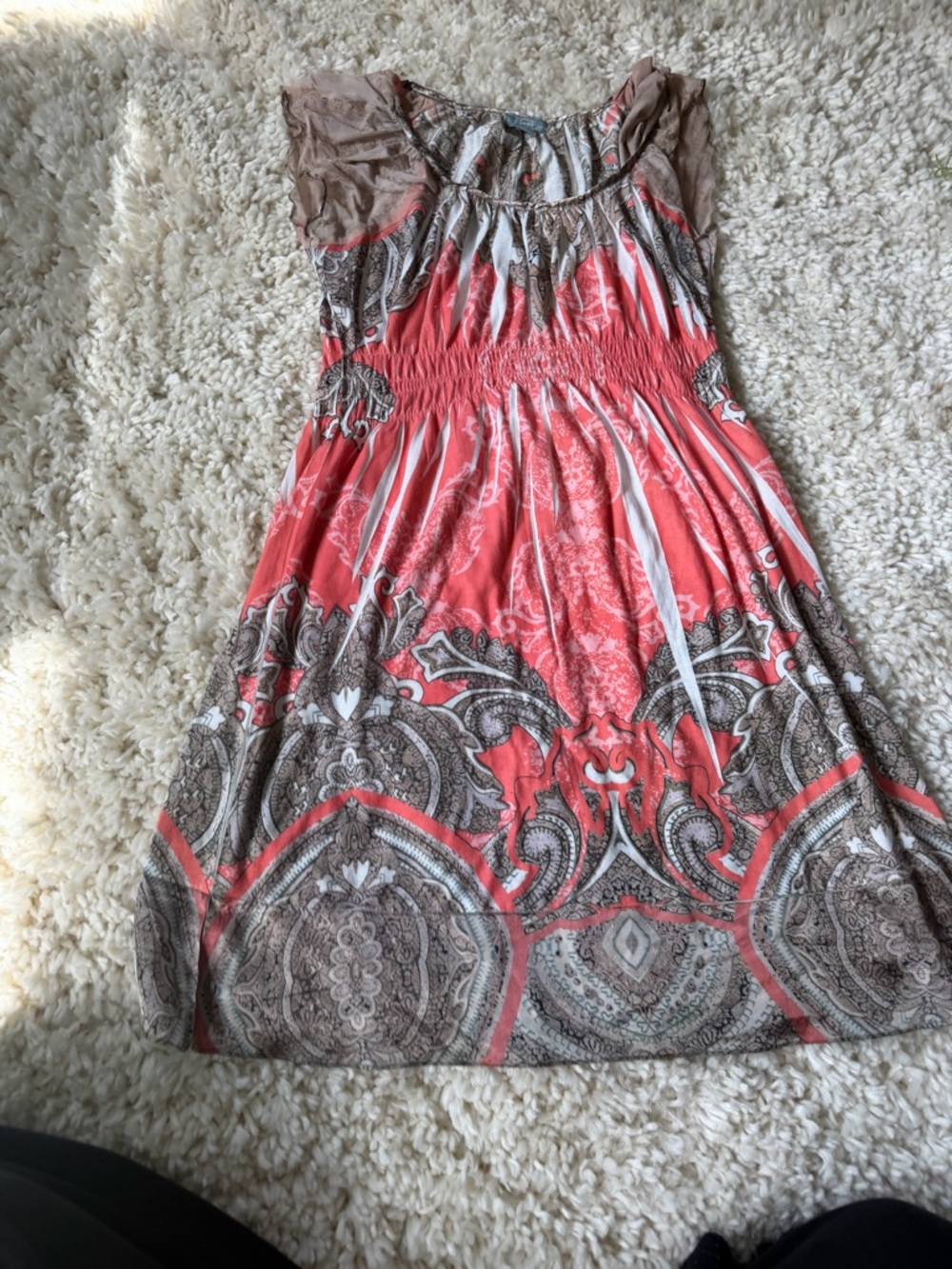 Paisley Coral and Taupe Smocked spring summer flowy Midi Dress - Picture 3 of 5